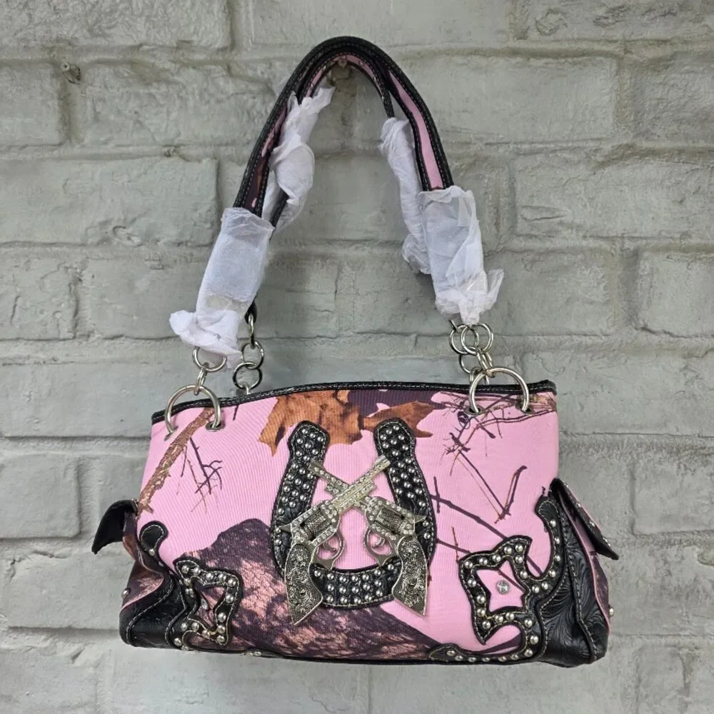 Mossy Oak Pink Camo Rhinestone Horseshoe Crossed Pistols